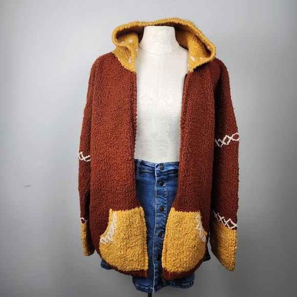 Hand Knit Chunky Hooded Wool Zip Jacket Size L Cozycore Brown Yellow Cozy Knit - Picture 2 of 12